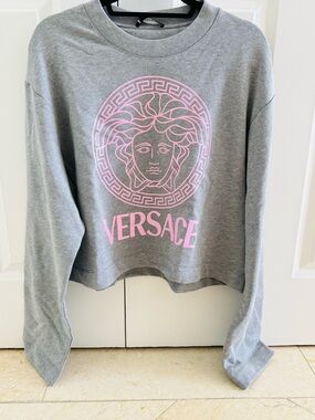 Versace Grey Crop Sweatshirt with Pink Medusa NWT